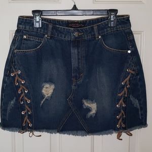 Isabel Hayley Denim Distressed Raw Hem Mini Skirt
